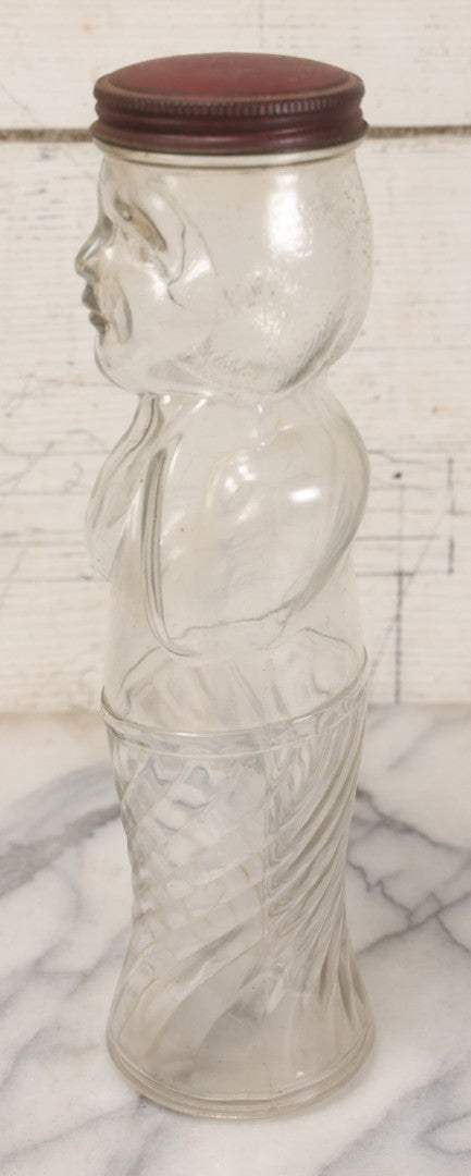 Lot 018 - Vintage Flapper Girl Clear Glass Figural Jar With Original Red Metal Lid, 10-3/4" Height
