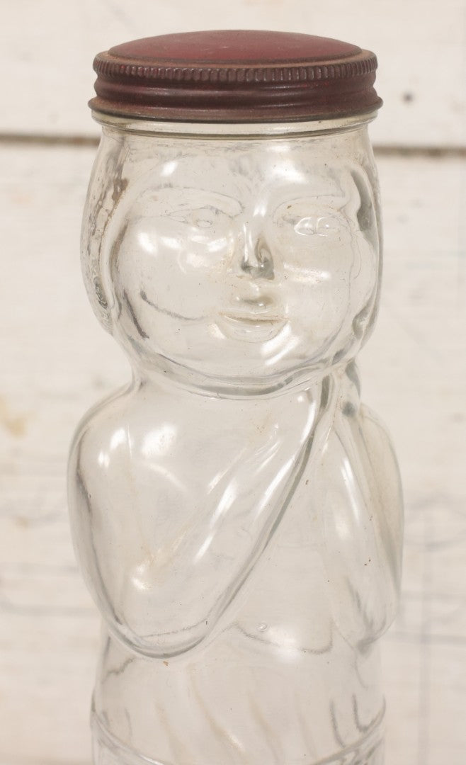 Lot 018 - Vintage Flapper Girl Clear Glass Figural Jar With Original Red Metal Lid, 10-3/4" Height