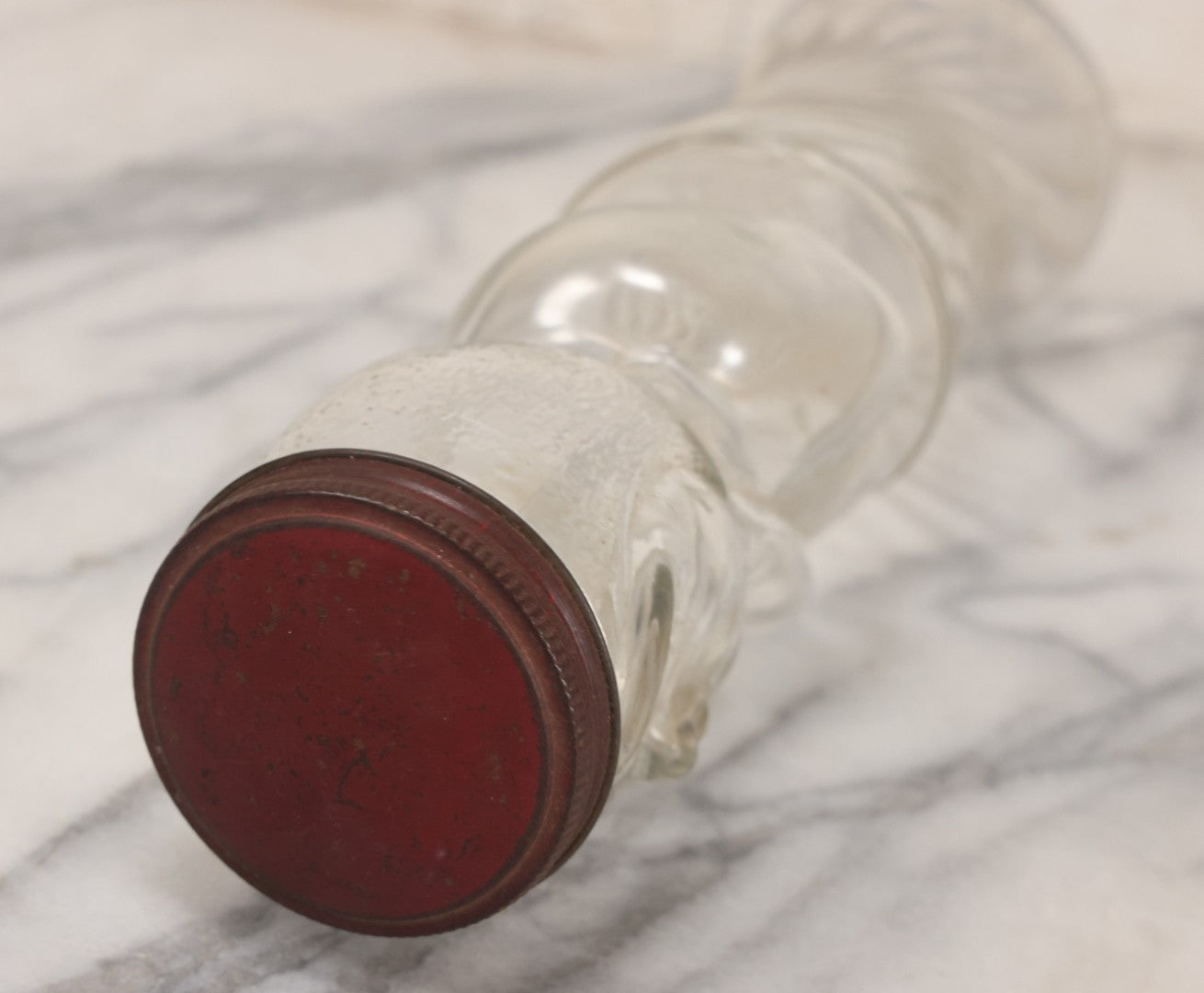 Lot 018 - Vintage Flapper Girl Clear Glass Figural Jar With Original Red Metal Lid, 10-3/4" Height