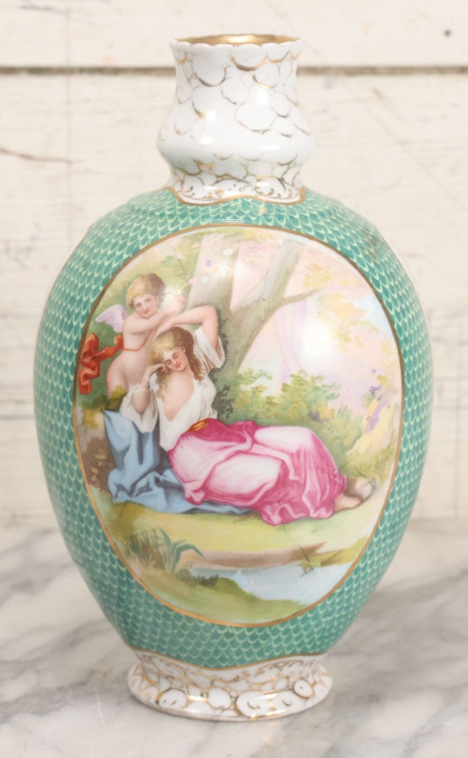 Lot 020 - Antique Transfer Printed Vienna Style Pottery Vase With Two Scenes After Angelica Kauffmann, Including Three Goddesses And Cupid Tying Wrists Of Partially Nude Woman, Made In Austria, 9-3/4" Height