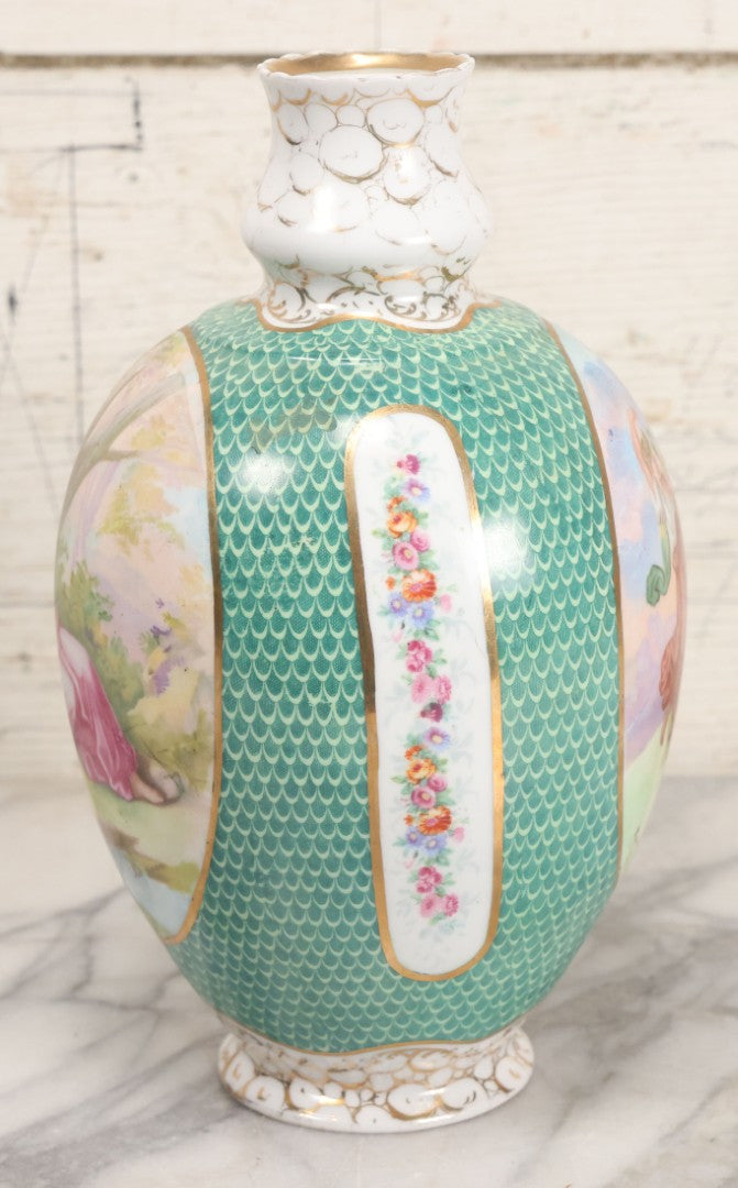 Lot 020 - Antique Transfer Printed Vienna Style Pottery Vase With Two Scenes After Angelica Kauffmann, Including Three Goddesses And Cupid Tying Wrists Of Partially Nude Woman, Made In Austria, 9-3/4" Height