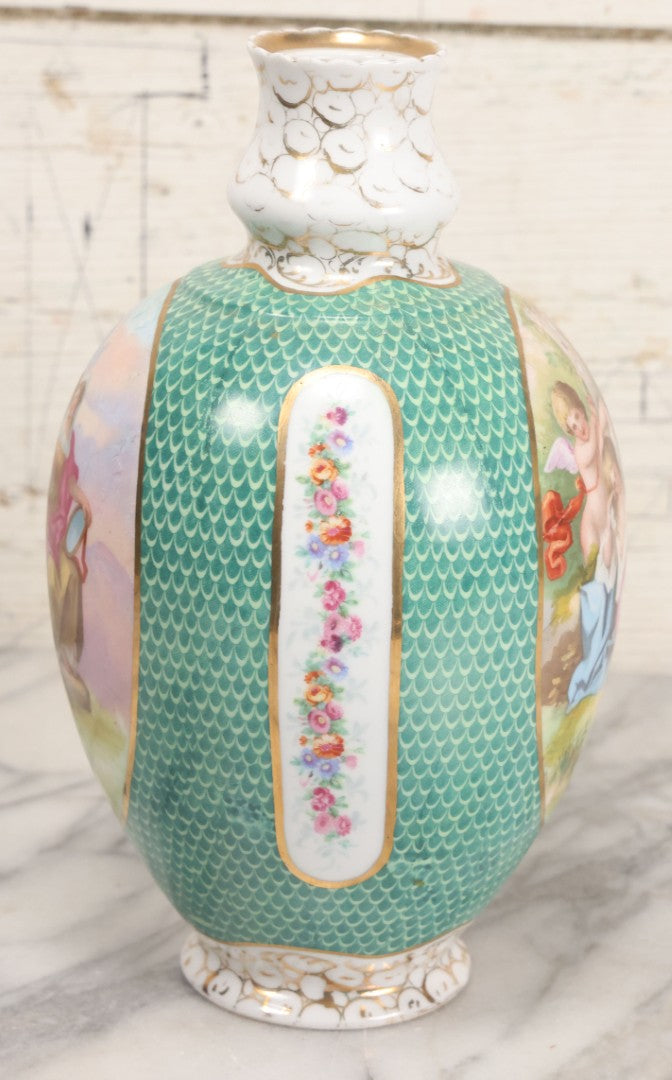 Lot 020 - Antique Transfer Printed Vienna Style Pottery Vase With Two Scenes After Angelica Kauffmann, Including Three Goddesses And Cupid Tying Wrists Of Partially Nude Woman, Made In Austria, 9-3/4" Height