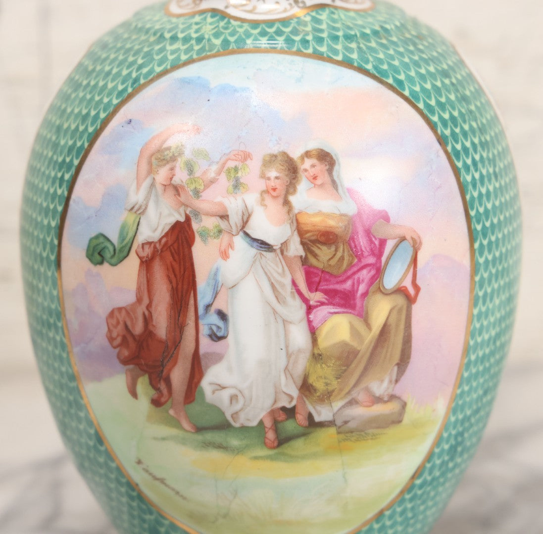 Lot 020 - Antique Transfer Printed Vienna Style Pottery Vase With Two Scenes After Angelica Kauffmann, Including Three Goddesses And Cupid Tying Wrists Of Partially Nude Woman, Made In Austria, 9-3/4" Height