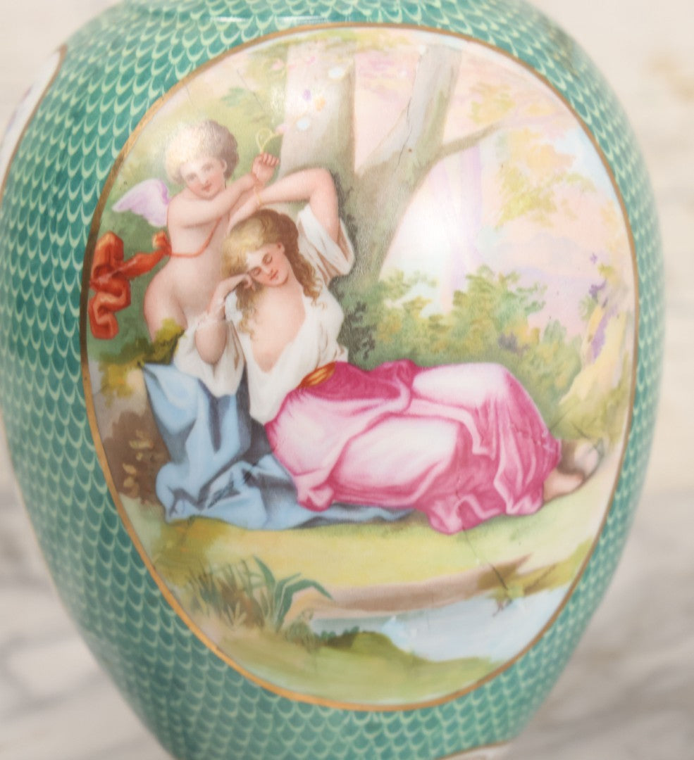 Lot 020 - Antique Transfer Printed Vienna Style Pottery Vase With Two Scenes After Angelica Kauffmann, Including Three Goddesses And Cupid Tying Wrists Of Partially Nude Woman, Made In Austria, 9-3/4" Height