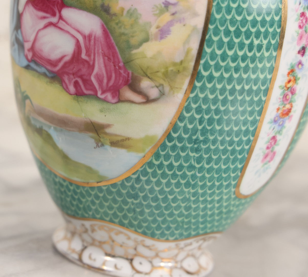 Lot 020 - Antique Transfer Printed Vienna Style Pottery Vase With Two Scenes After Angelica Kauffmann, Including Three Goddesses And Cupid Tying Wrists Of Partially Nude Woman, Made In Austria, 9-3/4" Height