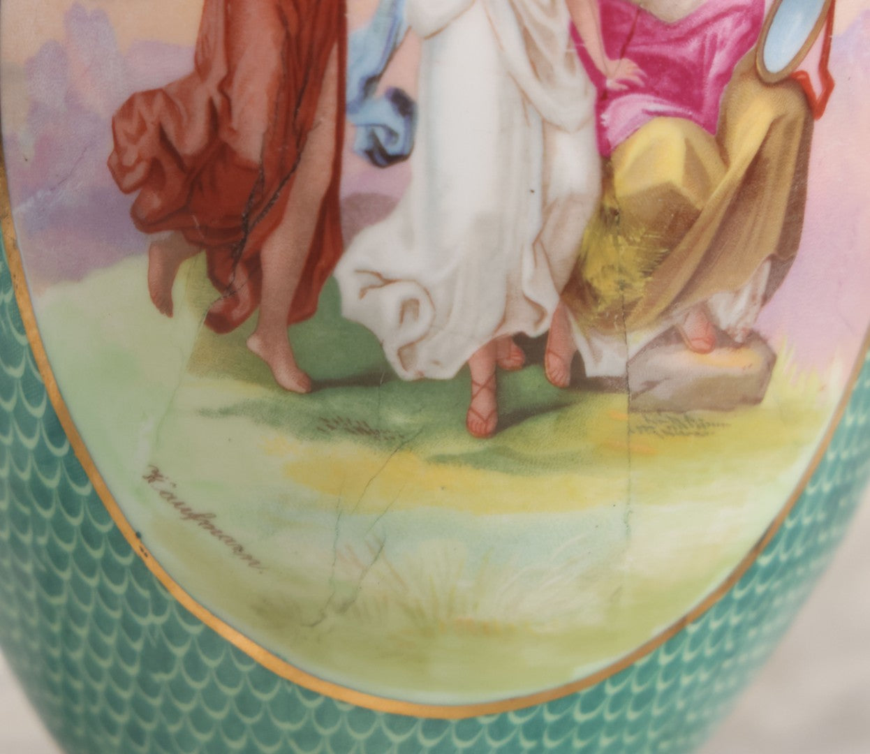 Lot 020 - Antique Transfer Printed Vienna Style Pottery Vase With Two Scenes After Angelica Kauffmann, Including Three Goddesses And Cupid Tying Wrists Of Partially Nude Woman, Made In Austria, 9-3/4" Height