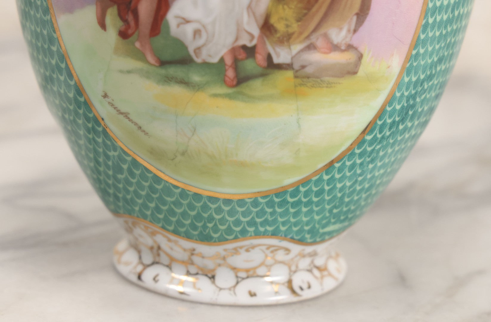 Lot 020 - Antique Transfer Printed Vienna Style Pottery Vase With Two Scenes After Angelica Kauffmann, Including Three Goddesses And Cupid Tying Wrists Of Partially Nude Woman, Made In Austria, 9-3/4" Height