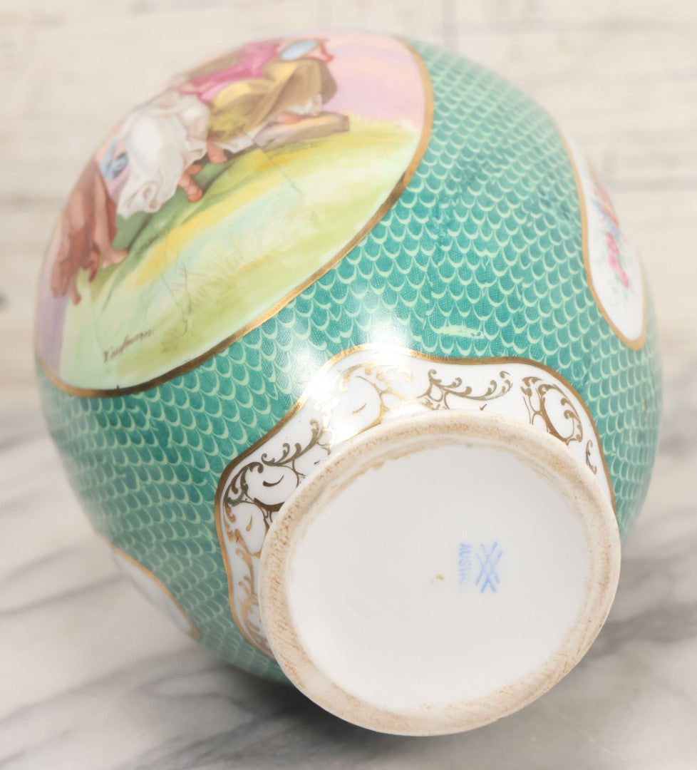 Lot 020 - Antique Transfer Printed Vienna Style Pottery Vase With Two Scenes After Angelica Kauffmann, Including Three Goddesses And Cupid Tying Wrists Of Partially Nude Woman, Made In Austria, 9-3/4" Height