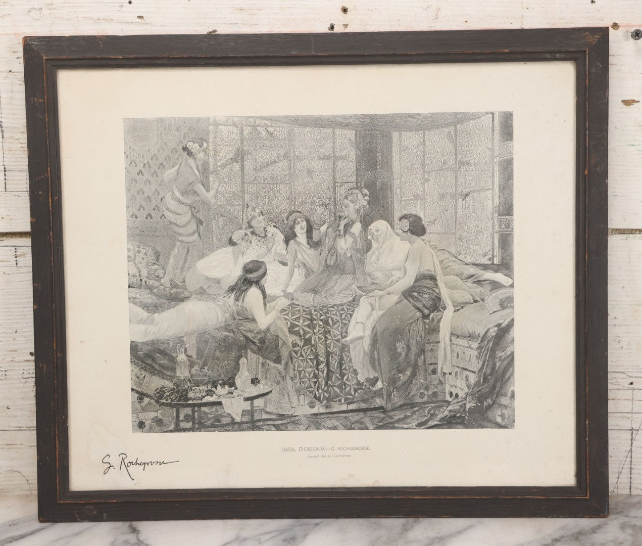 Lot 021 - Antique French Photogravure Print Of Merry Women Titled "Babil D'Oiseaux" (Chatter Of The Birds) After Georges Rochegrosse, Copyright 1895, Paper Gallery Label On Verso From E.A. Walton & Co. Fine Arts, Springfield, Mass, 17-1/2" x 14-3/4"