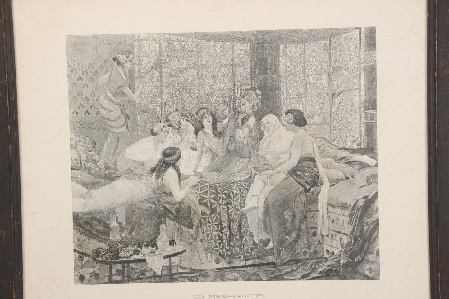 Lot 021 - Antique French Photogravure Print Of Merry Women Titled "Babil D'Oiseaux" (Chatter Of The Birds) After Georges Rochegrosse, Copyright 1895, Paper Gallery Label On Verso From E.A. Walton & Co. Fine Arts, Springfield, Mass, 17-1/2" x 14-3/4"