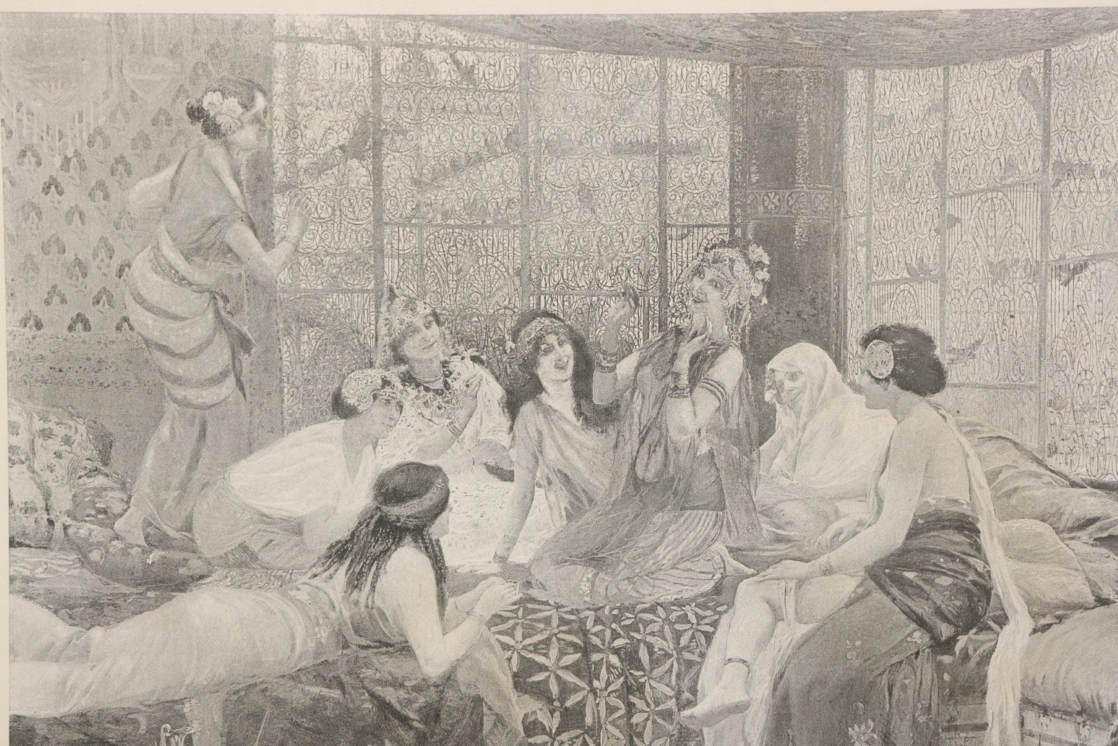 Lot 021 - Antique French Photogravure Print Of Merry Women Titled "Babil D'Oiseaux" (Chatter Of The Birds) After Georges Rochegrosse, Copyright 1895, Paper Gallery Label On Verso From E.A. Walton & Co. Fine Arts, Springfield, Mass, 17-1/2" x 14-3/4"