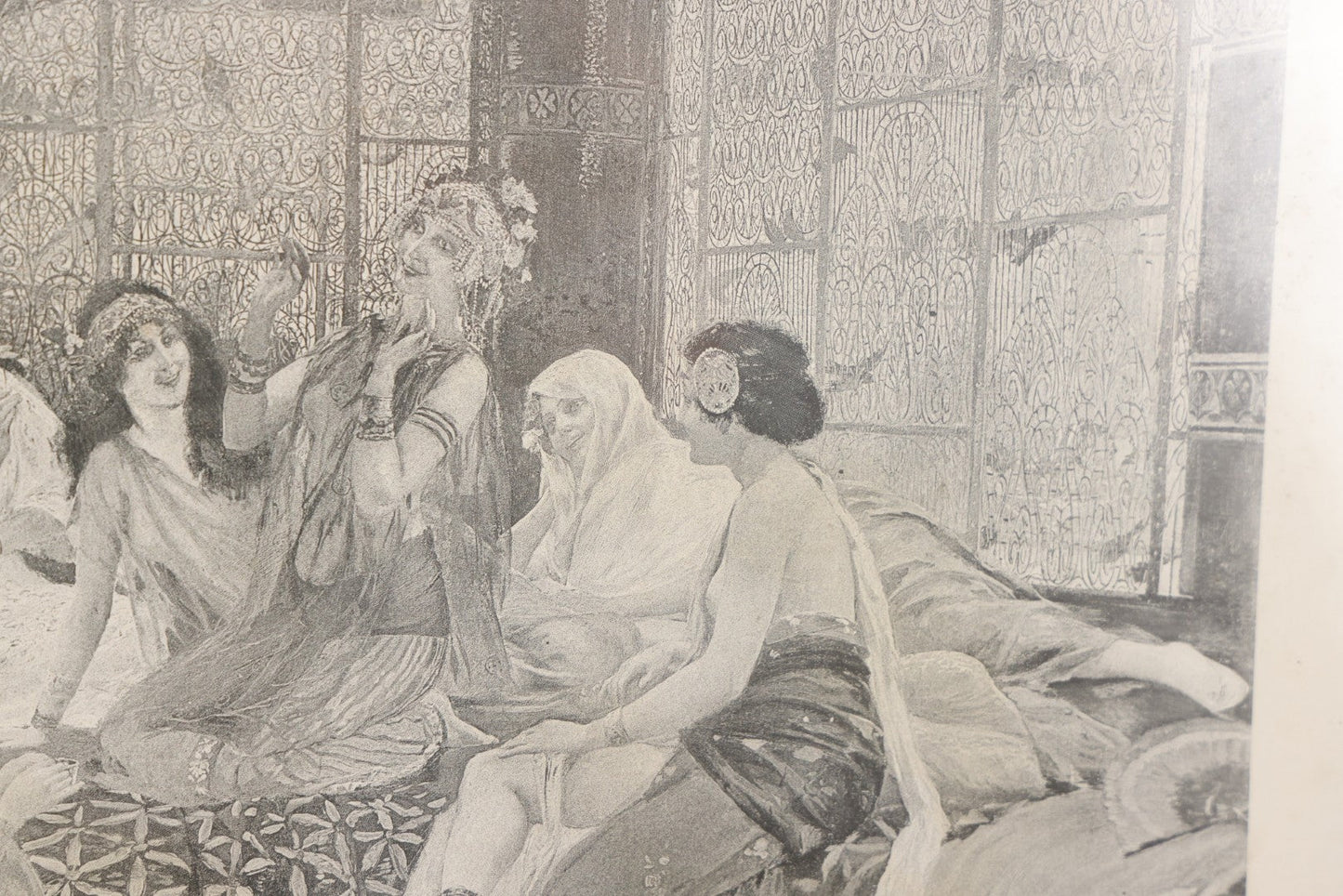 Lot 021 - Antique French Photogravure Print Of Merry Women Titled "Babil D'Oiseaux" (Chatter Of The Birds) After Georges Rochegrosse, Copyright 1895, Paper Gallery Label On Verso From E.A. Walton & Co. Fine Arts, Springfield, Mass, 17-1/2" x 14-3/4"