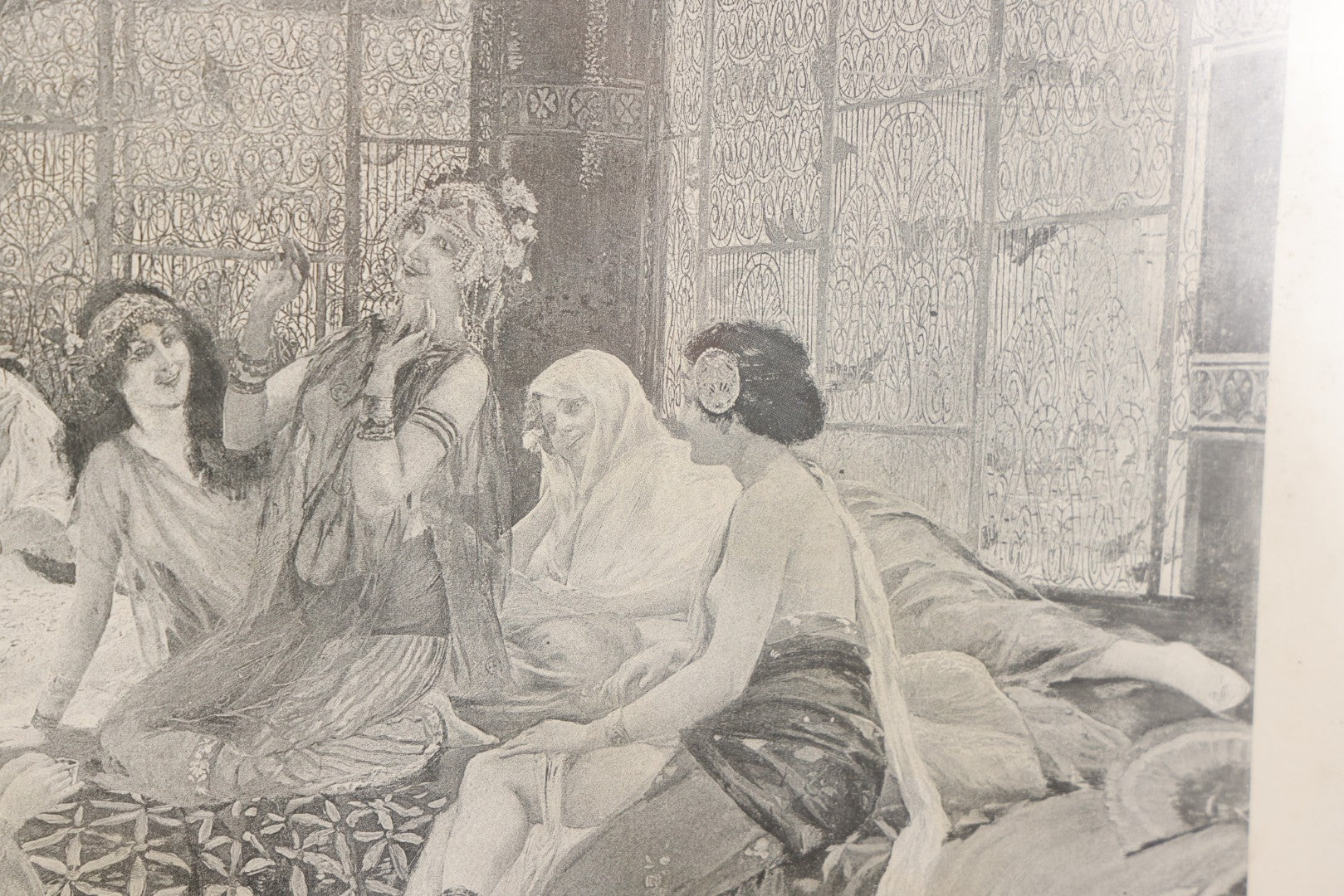 Lot 021 - Antique French Photogravure Print Of Merry Women Titled "Babil D'Oiseaux" (Chatter Of The Birds) After Georges Rochegrosse, Copyright 1895, Paper Gallery Label On Verso From E.A. Walton & Co. Fine Arts, Springfield, Mass, 17-1/2" x 14-3/4"