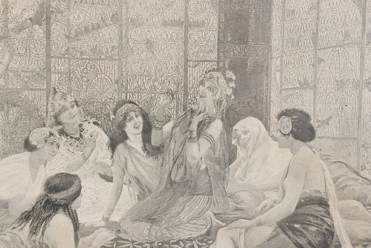 Lot 021 - Antique French Photogravure Print Of Merry Women Titled "Babil D'Oiseaux" (Chatter Of The Birds) After Georges Rochegrosse, Copyright 1895, Paper Gallery Label On Verso From E.A. Walton & Co. Fine Arts, Springfield, Mass, 17-1/2" x 14-3/4"