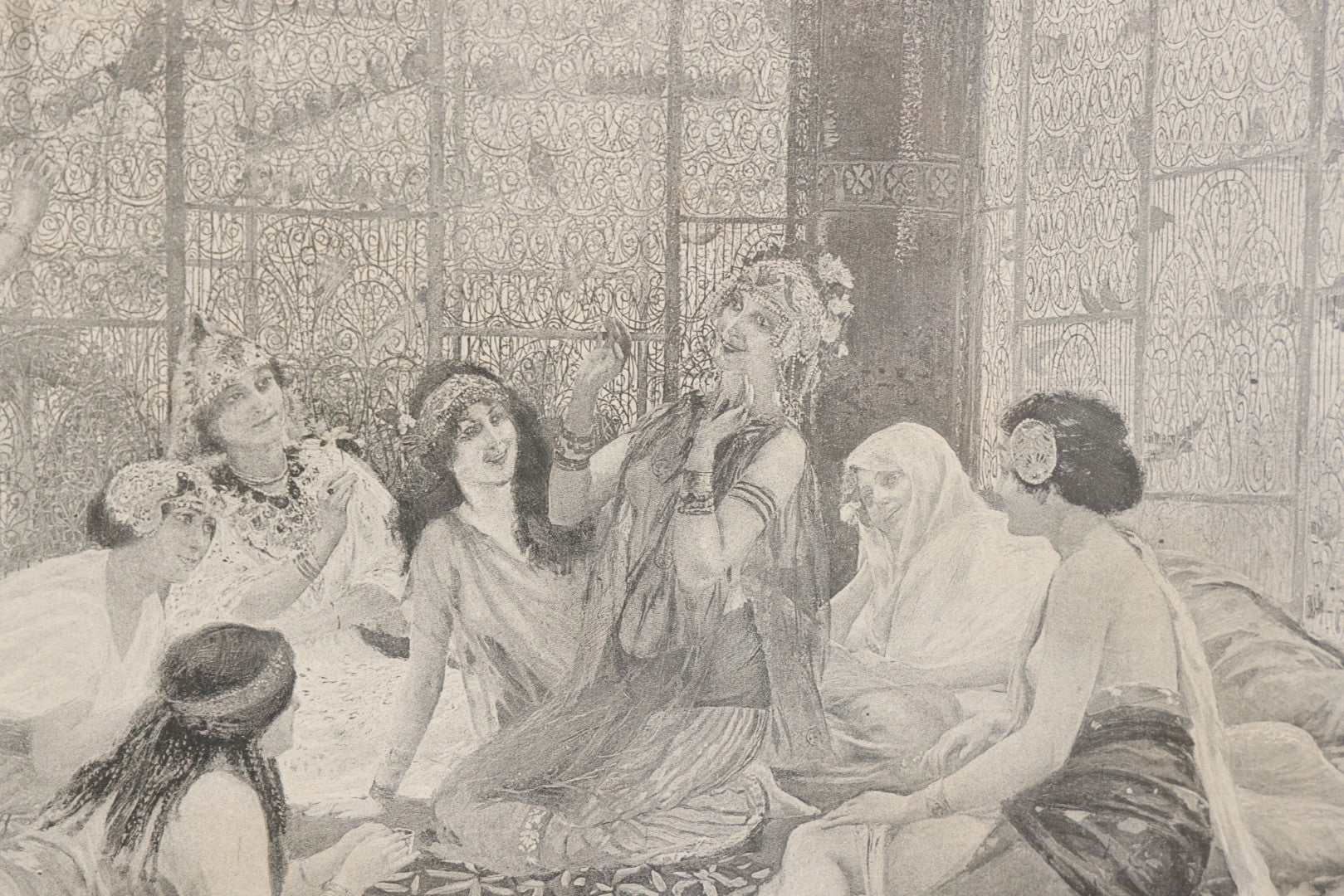 Lot 021 - Antique French Photogravure Print Of Merry Women Titled "Babil D'Oiseaux" (Chatter Of The Birds) After Georges Rochegrosse, Copyright 1895, Paper Gallery Label On Verso From E.A. Walton & Co. Fine Arts, Springfield, Mass, 17-1/2" x 14-3/4"