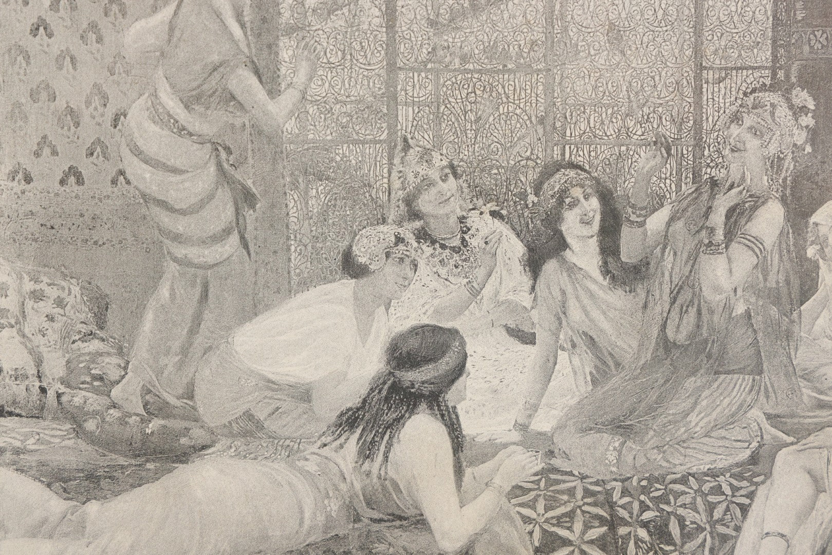 Lot 021 - Antique French Photogravure Print Of Merry Women Titled "Babil D'Oiseaux" (Chatter Of The Birds) After Georges Rochegrosse, Copyright 1895, Paper Gallery Label On Verso From E.A. Walton & Co. Fine Arts, Springfield, Mass, 17-1/2" x 14-3/4"