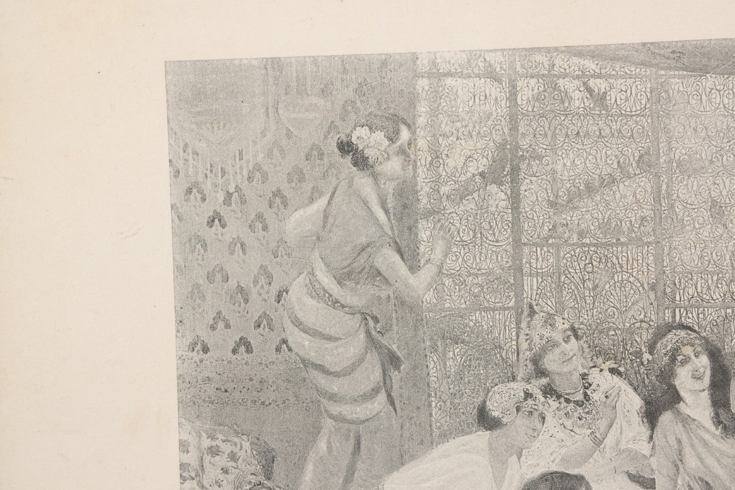 Lot 021 - Antique French Photogravure Print Of Merry Women Titled "Babil D'Oiseaux" (Chatter Of The Birds) After Georges Rochegrosse, Copyright 1895, Paper Gallery Label On Verso From E.A. Walton & Co. Fine Arts, Springfield, Mass, 17-1/2" x 14-3/4"