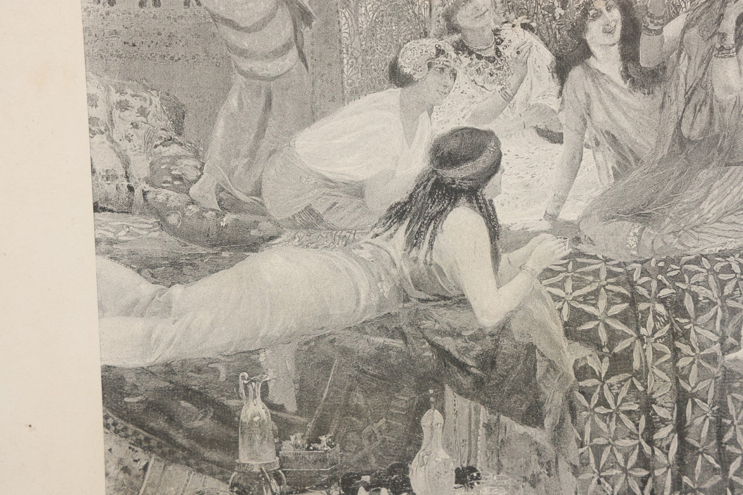 Lot 021 - Antique French Photogravure Print Of Merry Women Titled "Babil D'Oiseaux" (Chatter Of The Birds) After Georges Rochegrosse, Copyright 1895, Paper Gallery Label On Verso From E.A. Walton & Co. Fine Arts, Springfield, Mass, 17-1/2" x 14-3/4"