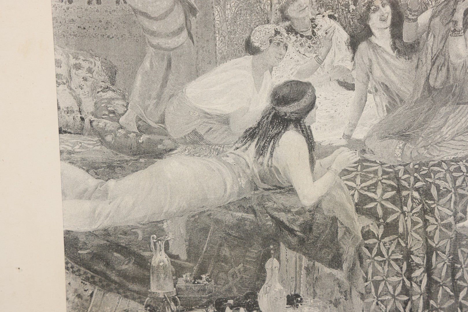 Lot 021 - Antique French Photogravure Print Of Merry Women Titled "Babil D'Oiseaux" (Chatter Of The Birds) After Georges Rochegrosse, Copyright 1895, Paper Gallery Label On Verso From E.A. Walton & Co. Fine Arts, Springfield, Mass, 17-1/2" x 14-3/4"