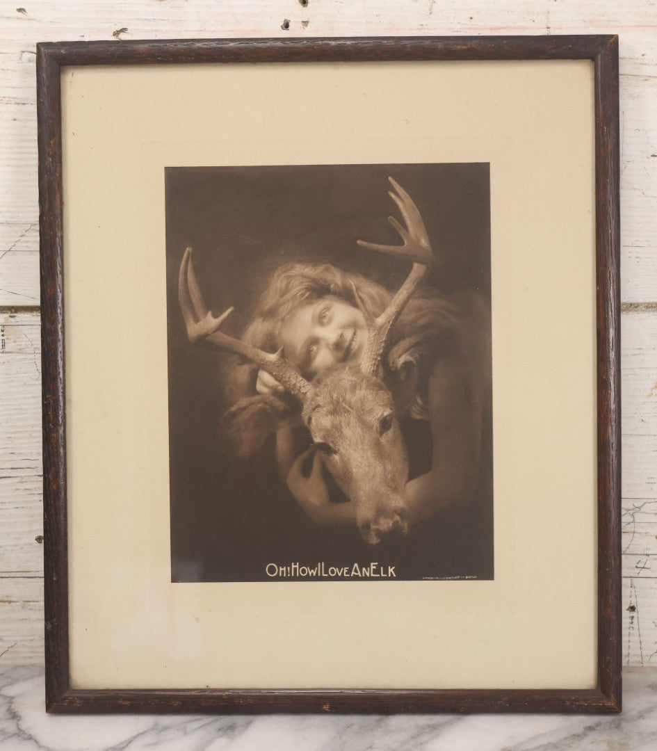 Lot 022 - Antique Comic Photographic Print Of Blissful Woman Hugging A Young Elk, "Oh! How I Love An Elk," Copyright 1907, Celebrity Art Co., Boston, 12-3/4" x 14-3/4"
