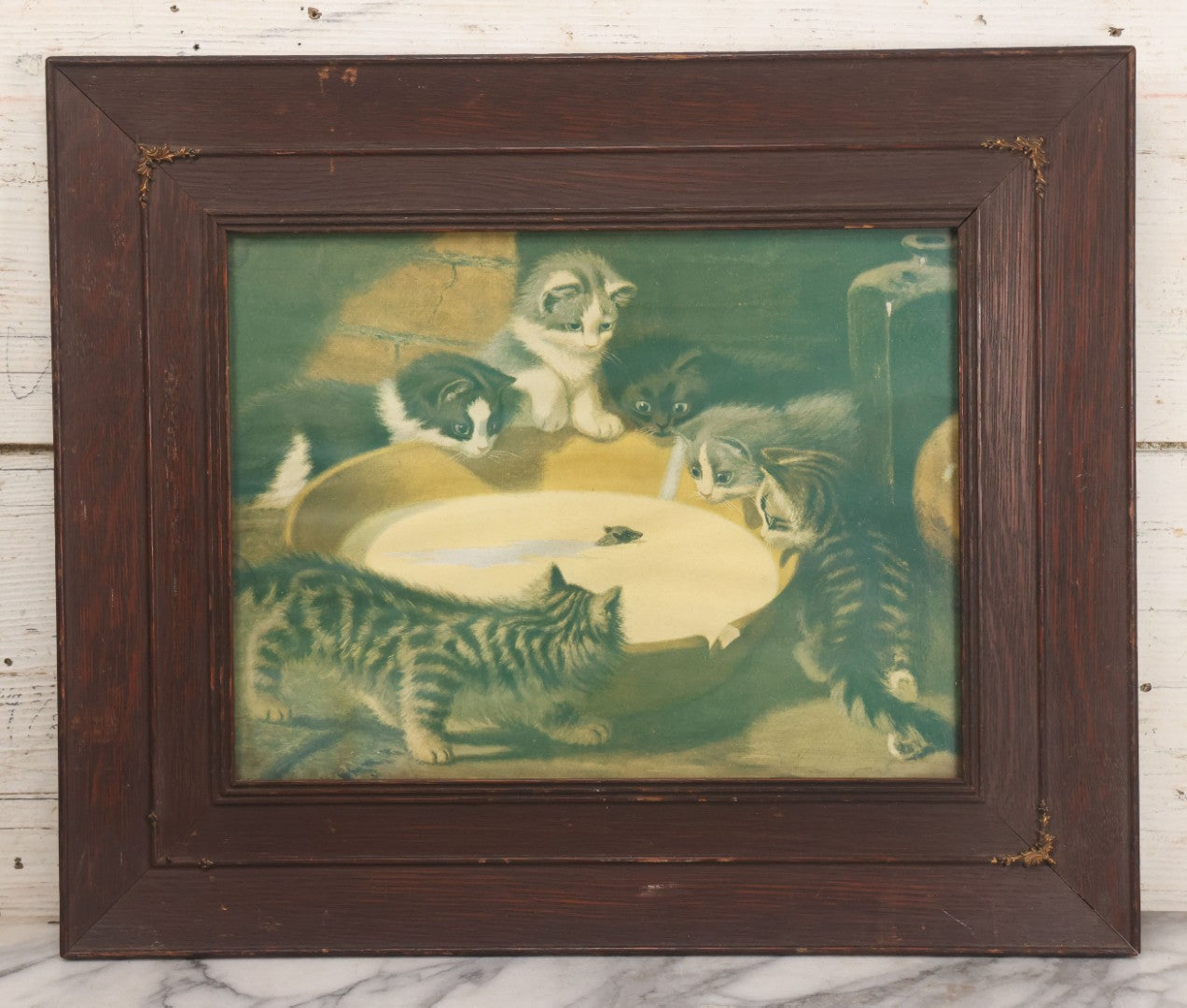 Lot 023 - Antique Color Magazine Print Of Six Kittens Watching A Mouse Swim Through Milk, As Found In Frame, Originally Appeared In The Chicago Tribune, 1901, 18-3/4" x 15-5/8"