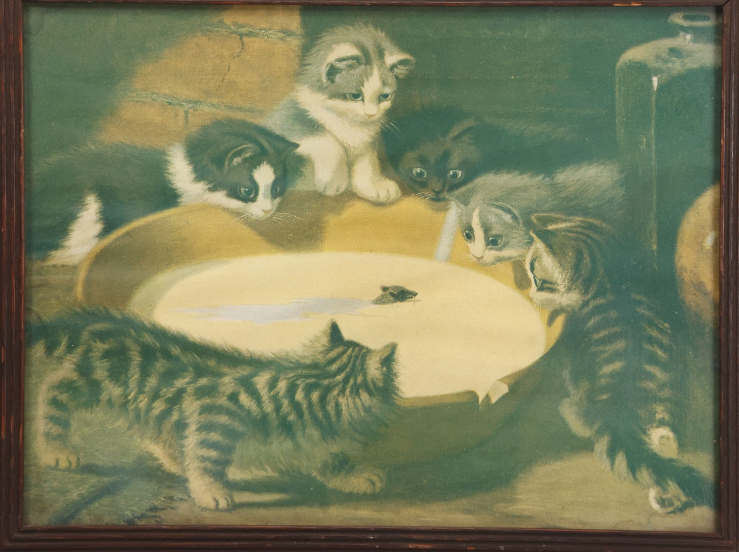 Lot 023 - Antique Color Magazine Print Of Six Kittens Watching A Mouse Swim Through Milk, As Found In Frame, Originally Appeared In The Chicago Tribune, 1901, 18-3/4" x 15-5/8"