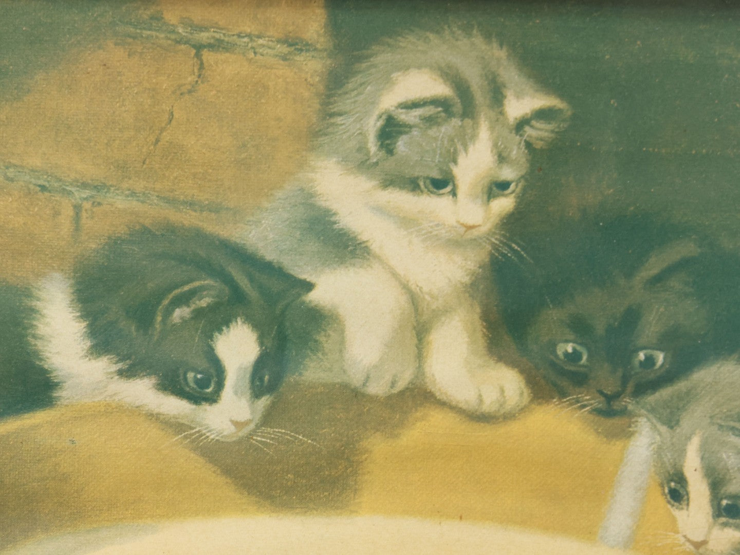 Lot 023 - Antique Color Magazine Print Of Six Kittens Watching A Mouse Swim Through Milk, As Found In Frame, Originally Appeared In The Chicago Tribune, 1901, 18-3/4" x 15-5/8"