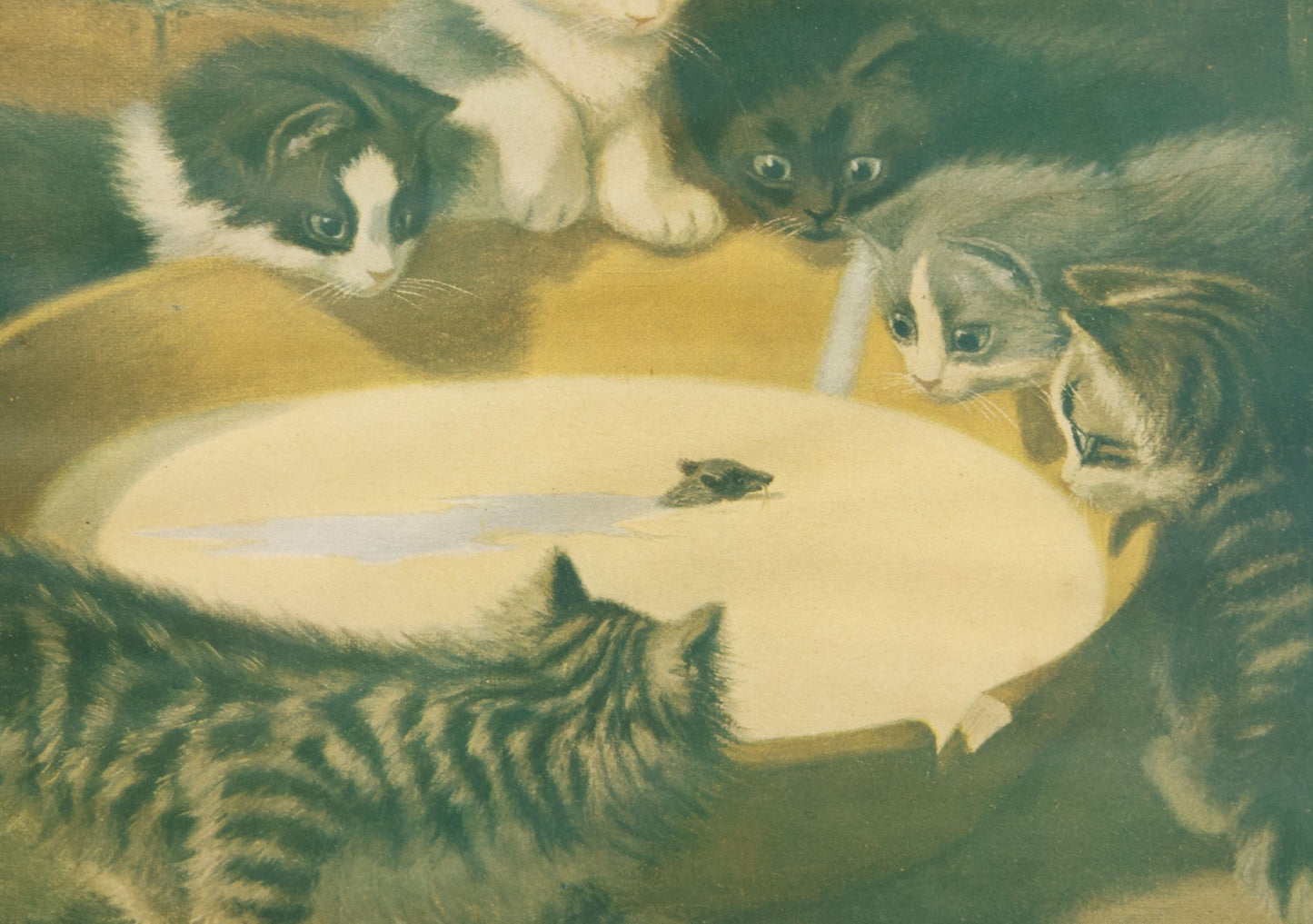 Lot 023 - Antique Color Magazine Print Of Six Kittens Watching A Mouse Swim Through Milk, As Found In Frame, Originally Appeared In The Chicago Tribune, 1901, 18-3/4" x 15-5/8"