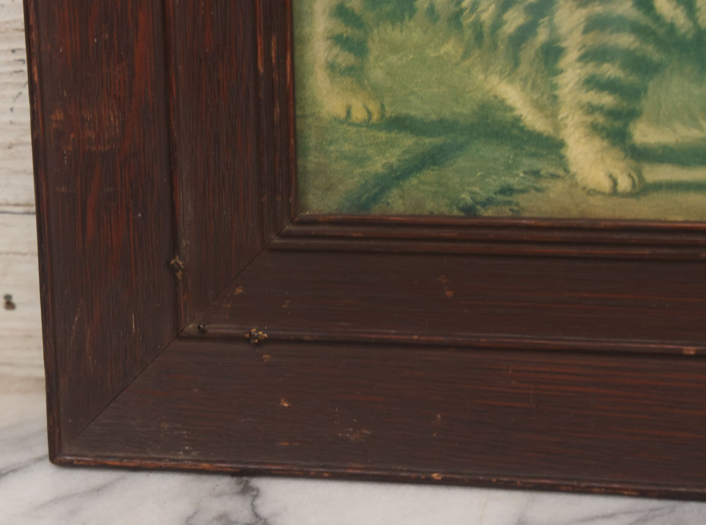 Lot 023 - Antique Color Magazine Print Of Six Kittens Watching A Mouse Swim Through Milk, As Found In Frame, Originally Appeared In The Chicago Tribune, 1901, 18-3/4" x 15-5/8"