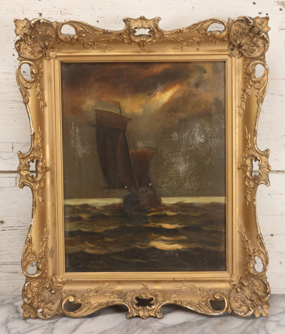 Lot 024 - Antique Oil On Canvas Nautical Night Time Sail Boat Ship Scene In Ornate Gesso Frame, Note Wear To Canvas, 15-1/2" x 18-1/2"