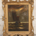 Lot 024 - Antique Oil On Canvas Nautical Night Time Sail Boat Ship Scene In Ornate Gesso Frame, Note Wear To Canvas, 15-1/2" x 18-1/2"