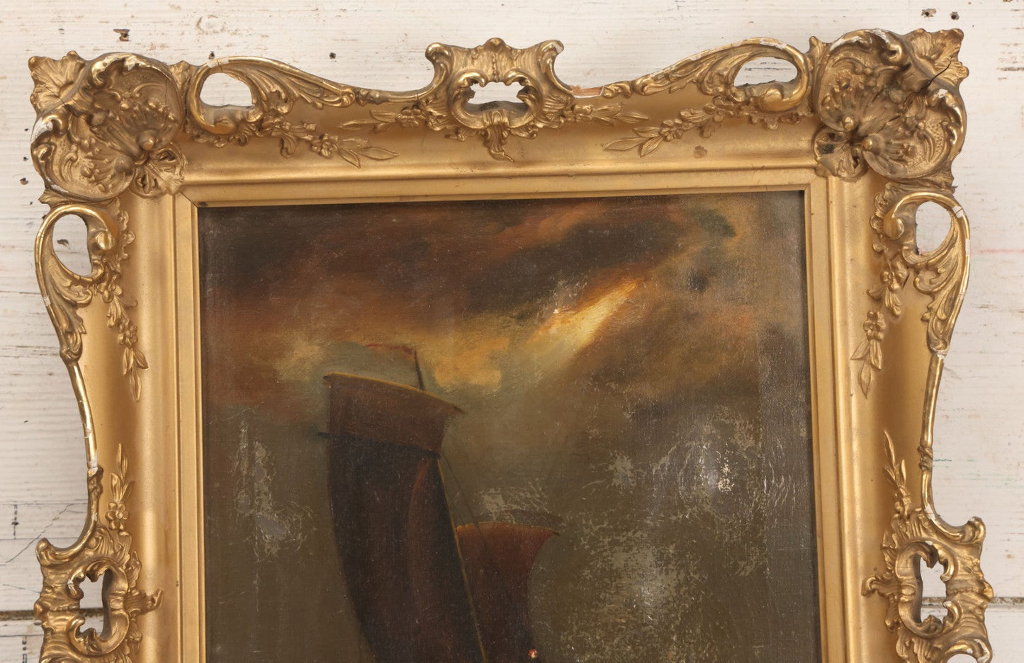 Lot 024 - Antique Oil On Canvas Nautical Night Time Sail Boat Ship Scene In Ornate Gesso Frame, Note Wear To Canvas, 15-1/2" x 18-1/2"