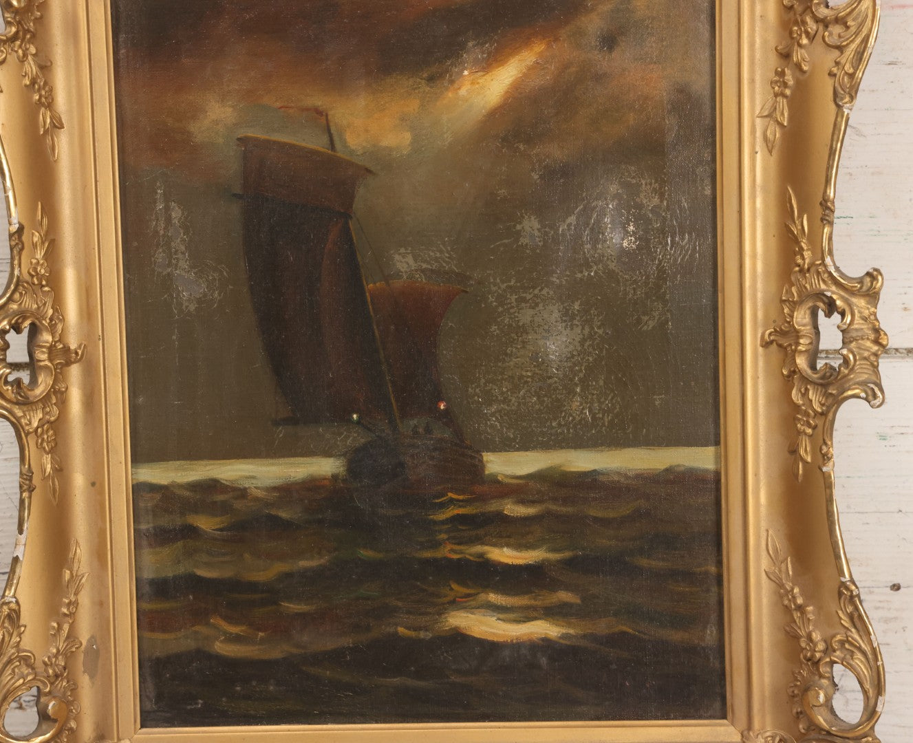 Lot 024 - Antique Oil On Canvas Nautical Night Time Sail Boat Ship Scene In Ornate Gesso Frame, Note Wear To Canvas, 15-1/2" x 18-1/2"