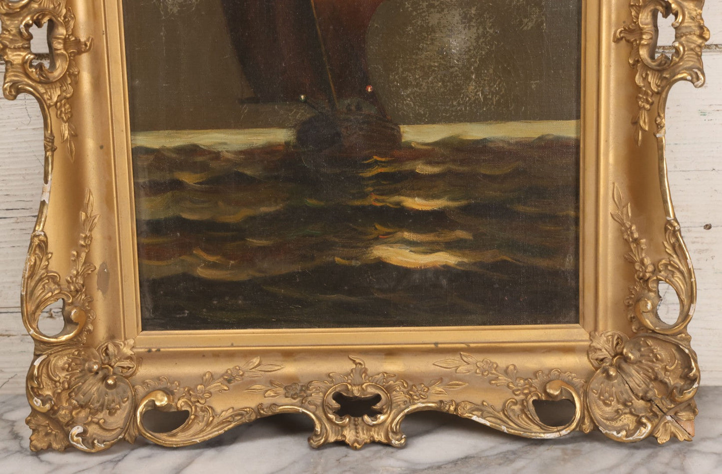 Lot 024 - Antique Oil On Canvas Nautical Night Time Sail Boat Ship Scene In Ornate Gesso Frame, Note Wear To Canvas, 15-1/2" x 18-1/2"