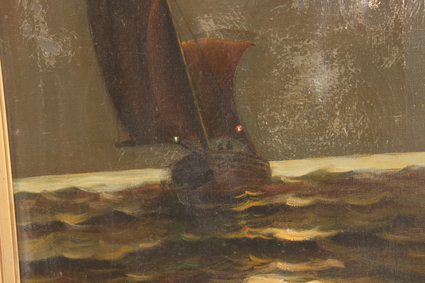 Lot 024 - Antique Oil On Canvas Nautical Night Time Sail Boat Ship Scene In Ornate Gesso Frame, Note Wear To Canvas, 15-1/2" x 18-1/2"