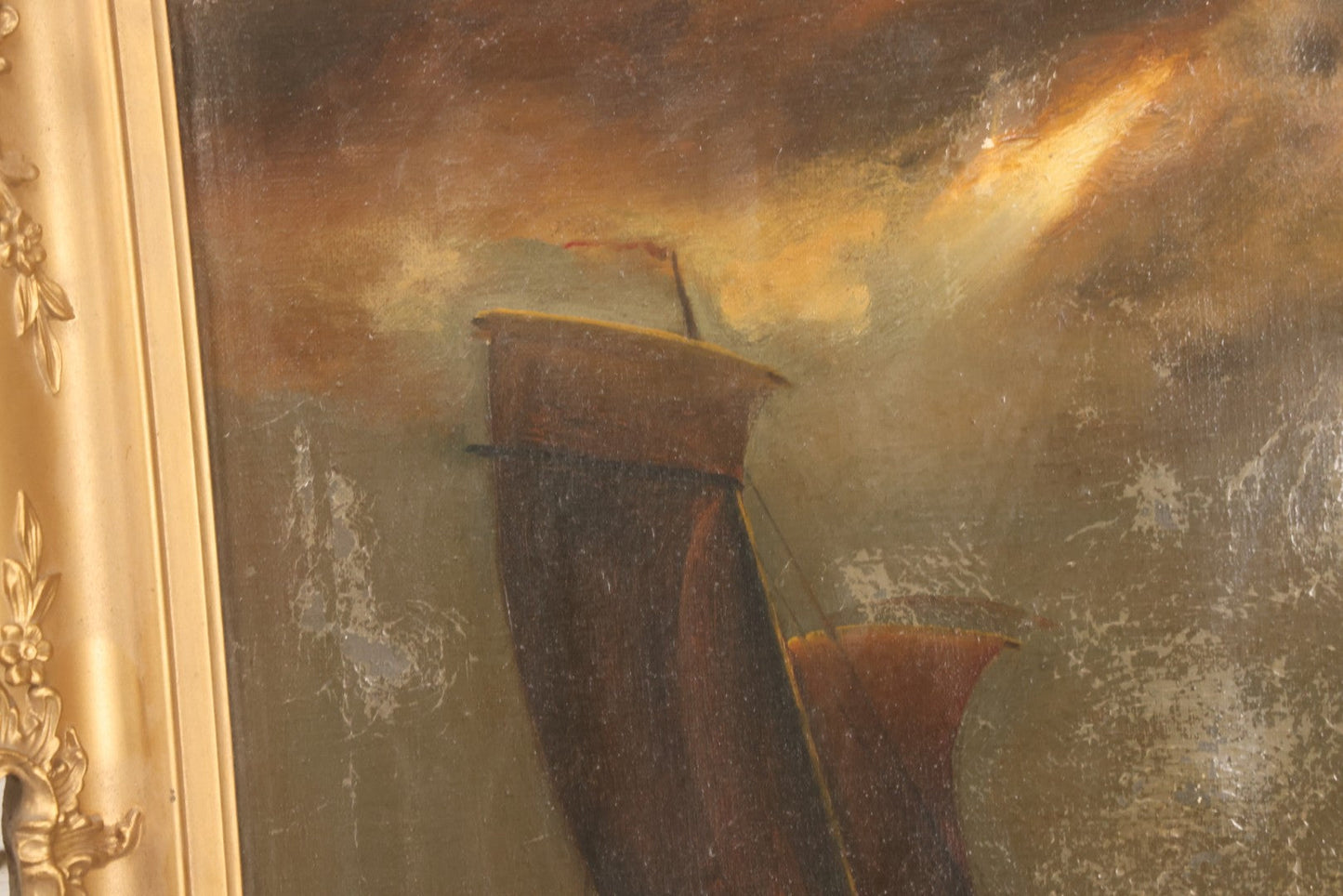 Lot 024 - Antique Oil On Canvas Nautical Night Time Sail Boat Ship Scene In Ornate Gesso Frame, Note Wear To Canvas, 15-1/2" x 18-1/2"