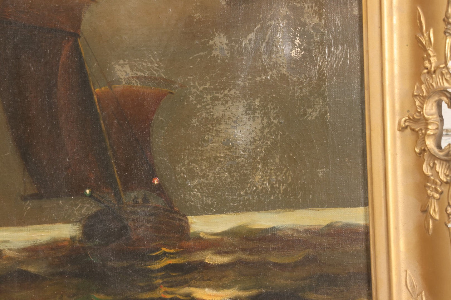 Lot 024 - Antique Oil On Canvas Nautical Night Time Sail Boat Ship Scene In Ornate Gesso Frame, Note Wear To Canvas, 15-1/2" x 18-1/2"