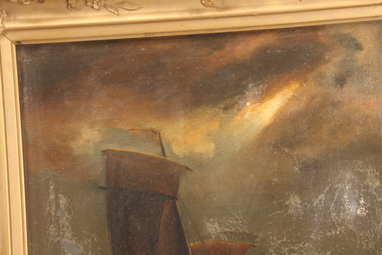 Lot 024 - Antique Oil On Canvas Nautical Night Time Sail Boat Ship Scene In Ornate Gesso Frame, Note Wear To Canvas, 15-1/2" x 18-1/2"