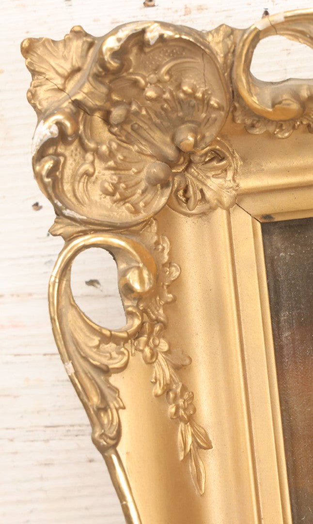 Lot 024 - Antique Oil On Canvas Nautical Night Time Sail Boat Ship Scene In Ornate Gesso Frame, Note Wear To Canvas, 15-1/2" x 18-1/2"