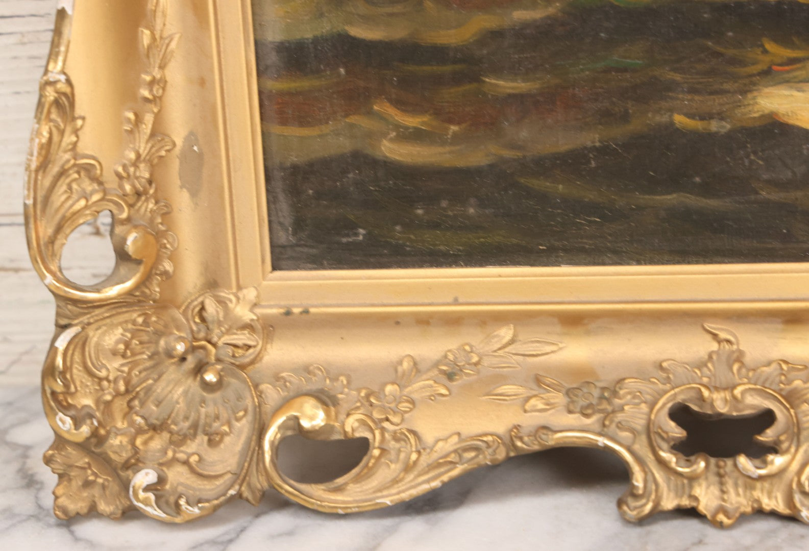 Lot 024 - Antique Oil On Canvas Nautical Night Time Sail Boat Ship Scene In Ornate Gesso Frame, Note Wear To Canvas, 15-1/2" x 18-1/2"