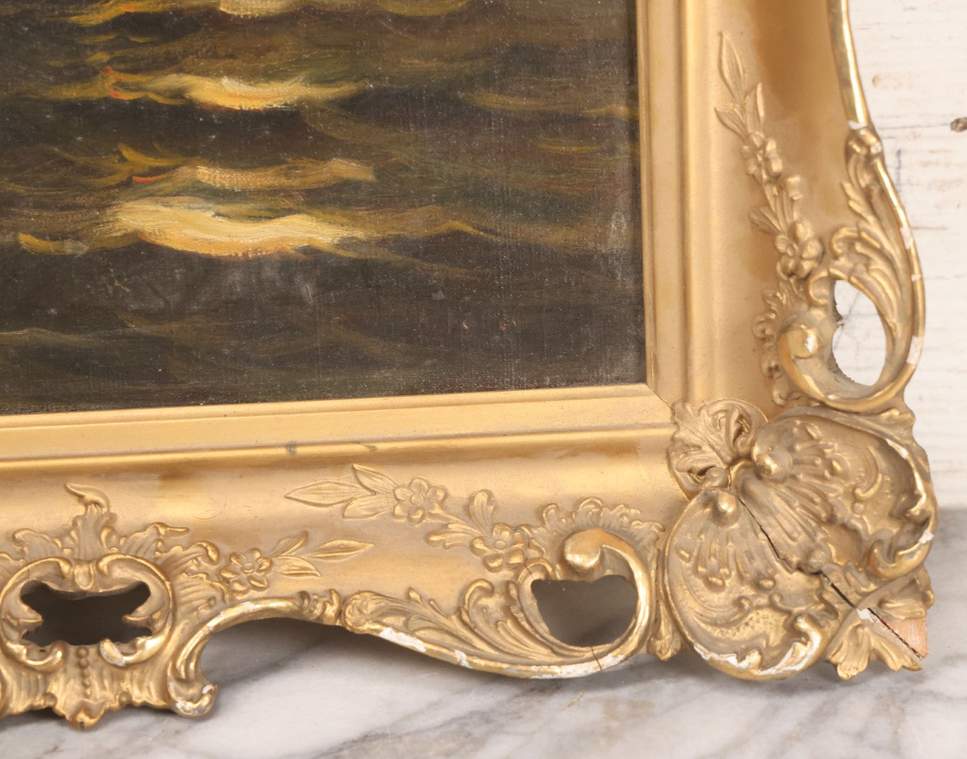 Lot 024 - Antique Oil On Canvas Nautical Night Time Sail Boat Ship Scene In Ornate Gesso Frame, Note Wear To Canvas, 15-1/2" x 18-1/2"