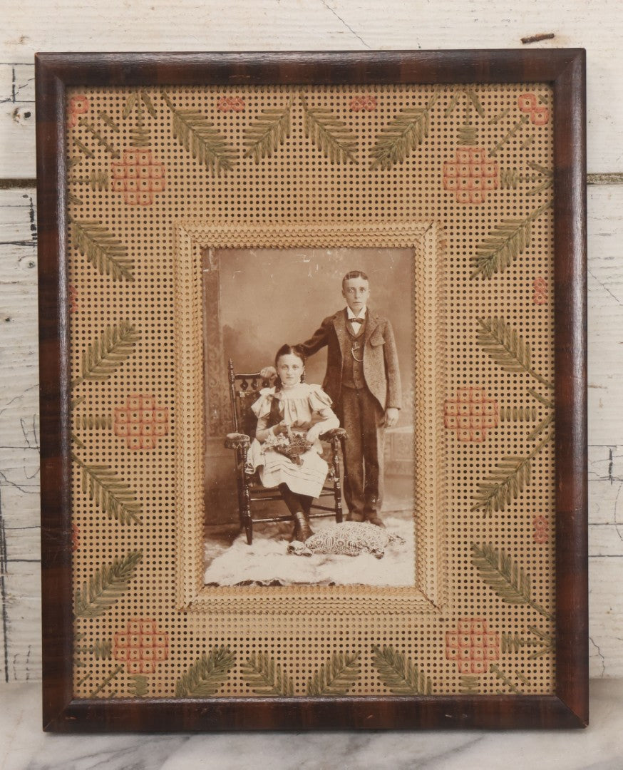 Lot 026 - Antique Cabinet Card Photograph Of Young Boy And Girl With Paper Punch Embroidered Needlework Mat, In Frame, 8-3/4" x 10-3/4"