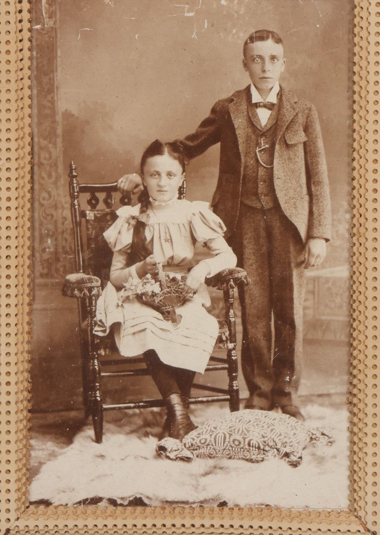 Lot 026 - Antique Cabinet Card Photograph Of Young Boy And Girl With Paper Punch Embroidered Needlework Mat, In Frame, 8-3/4" x 10-3/4"