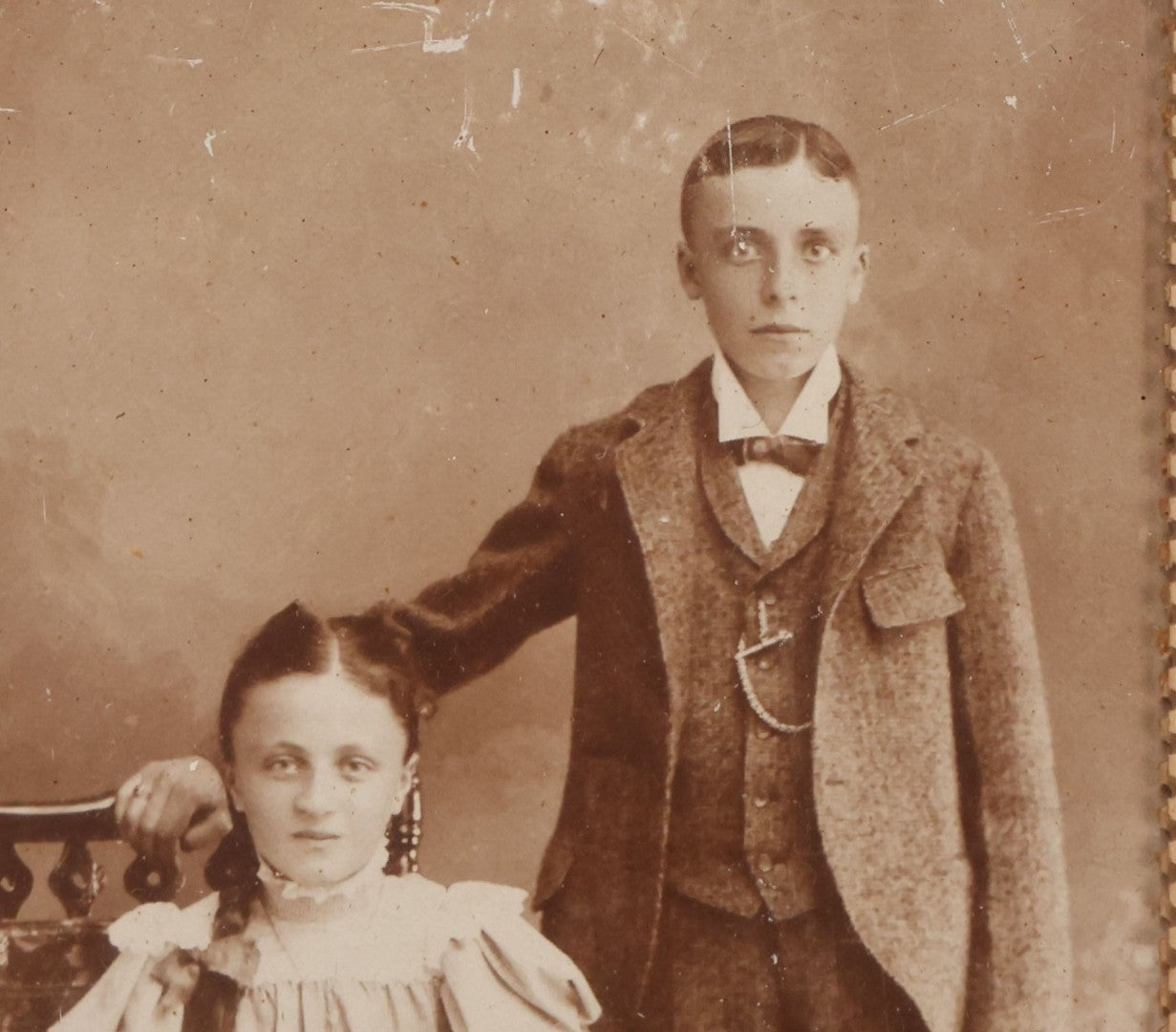 Lot 026 - Antique Cabinet Card Photograph Of Young Boy And Girl With Paper Punch Embroidered Needlework Mat, In Frame, 8-3/4" x 10-3/4"