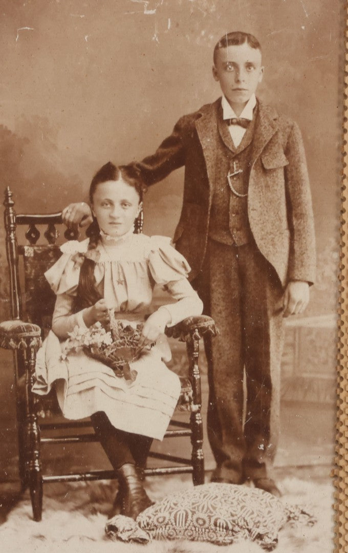 Lot 026 - Antique Cabinet Card Photograph Of Young Boy And Girl With Paper Punch Embroidered Needlework Mat, In Frame, 8-3/4" x 10-3/4"