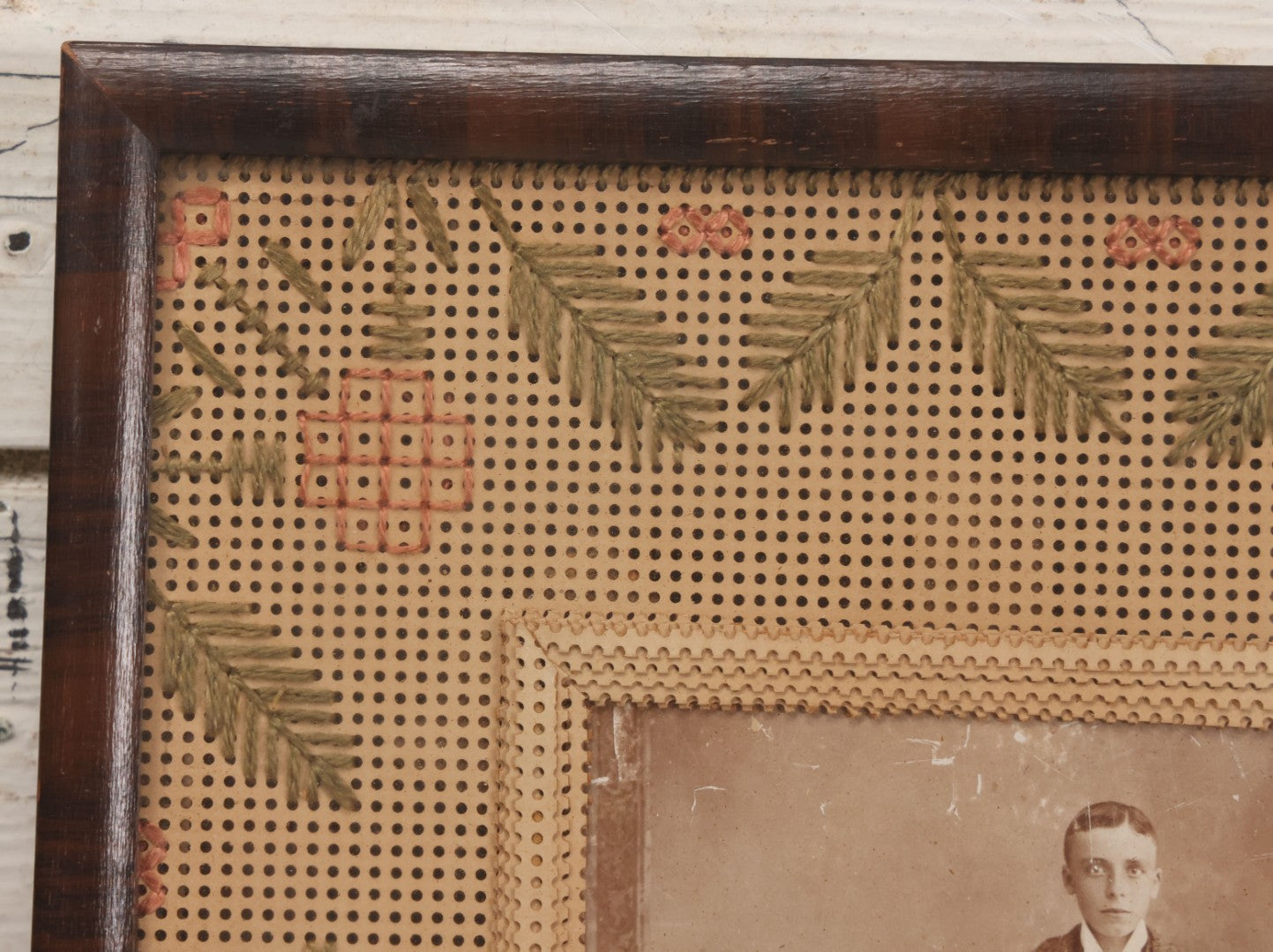 Lot 026 - Antique Cabinet Card Photograph Of Young Boy And Girl With Paper Punch Embroidered Needlework Mat, In Frame, 8-3/4" x 10-3/4"