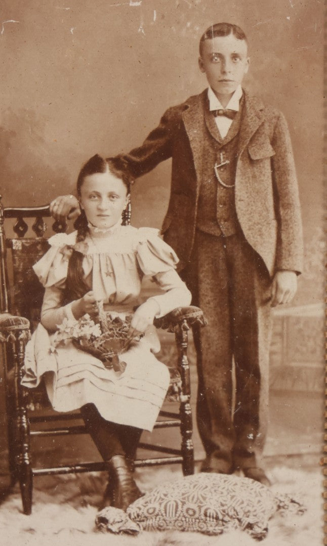 Lot 026 - Antique Cabinet Card Photograph Of Young Boy And Girl With Paper Punch Embroidered Needlework Mat, In Frame, 8-3/4" x 10-3/4"