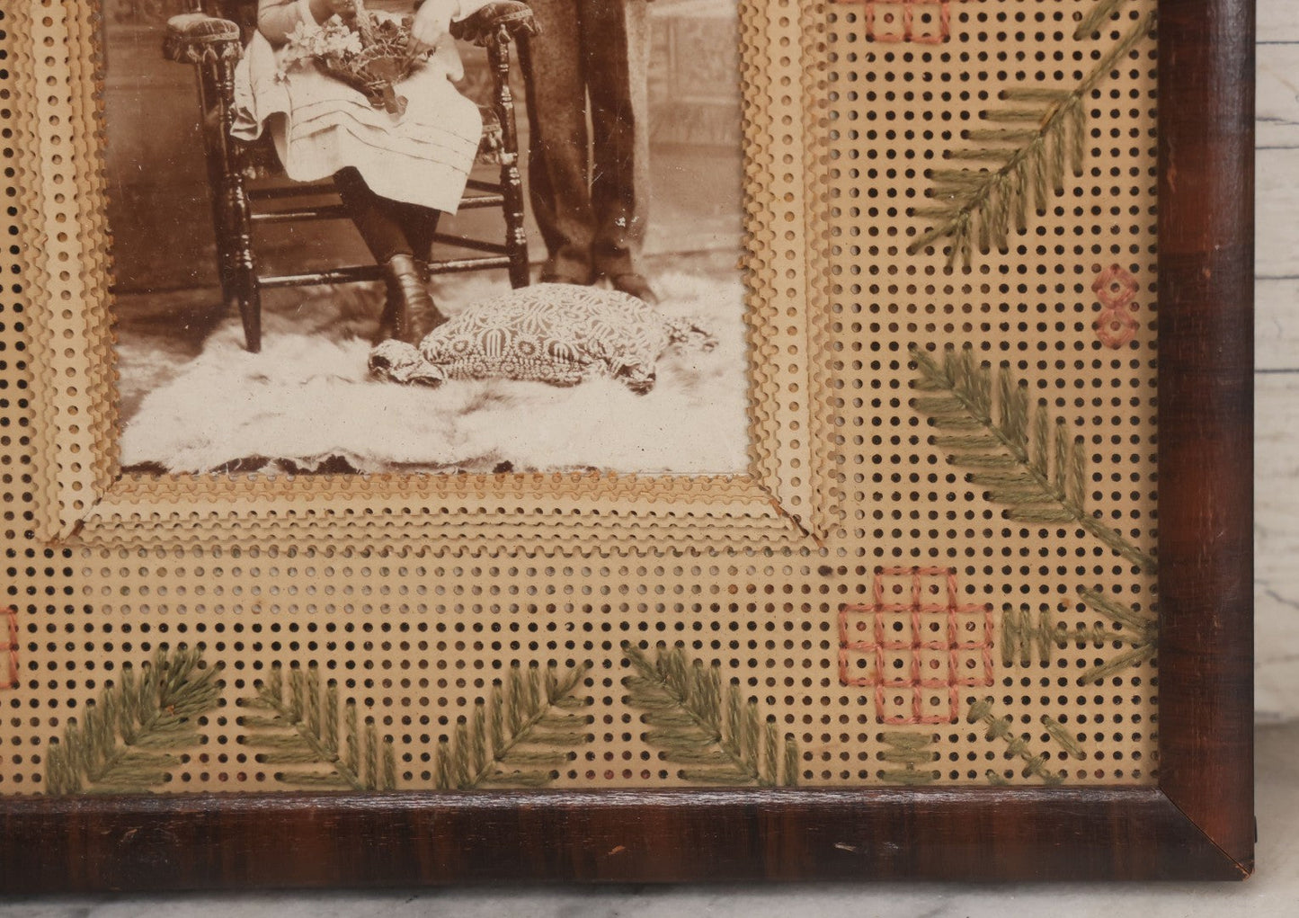 Lot 026 - Antique Cabinet Card Photograph Of Young Boy And Girl With Paper Punch Embroidered Needlework Mat, In Frame, 8-3/4" x 10-3/4"
