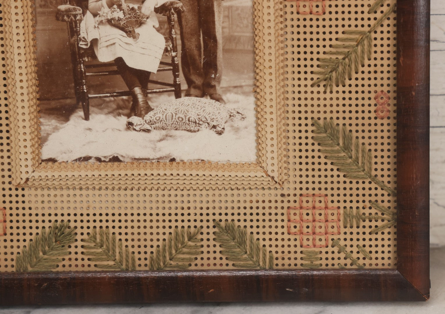 Lot 026 - Antique Cabinet Card Photograph Of Young Boy And Girl With Paper Punch Embroidered Needlework Mat, In Frame, 8-3/4" x 10-3/4"