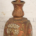 Lot 028 - Antique Hand Painted Baroque Renaissance Revival White Glass Decanter With Copper And Gold Paint, Ornate Grotesque Lion Mask Motif And Foliate Scrolls, Applied Flower Decal, And Original Matching Stopper, Circa 1900, 10-5/8" Height